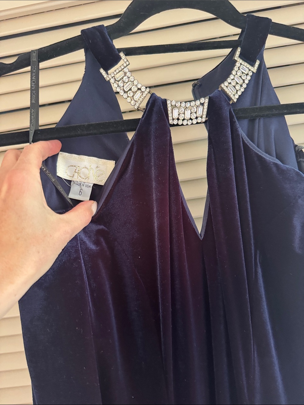 Cache Velvet Evening Gown with Jeweled Halter - Navy